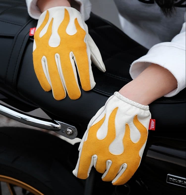 バイクグローブ 革 炎模様レトロ風ライダーグローブ