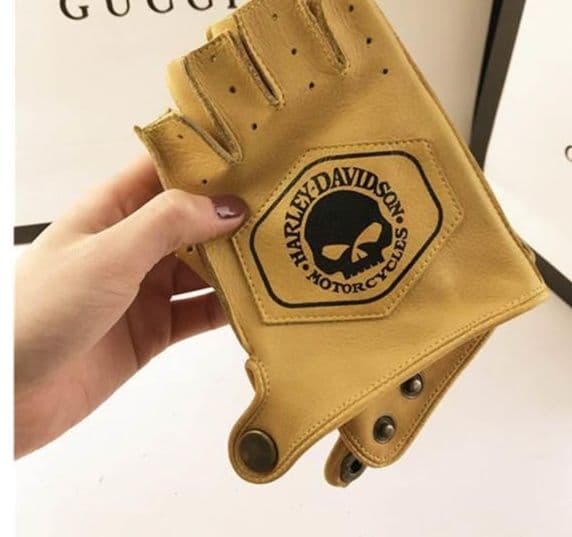 バイクグローブ 革 スカル刺繍入り本革指なしグローブ