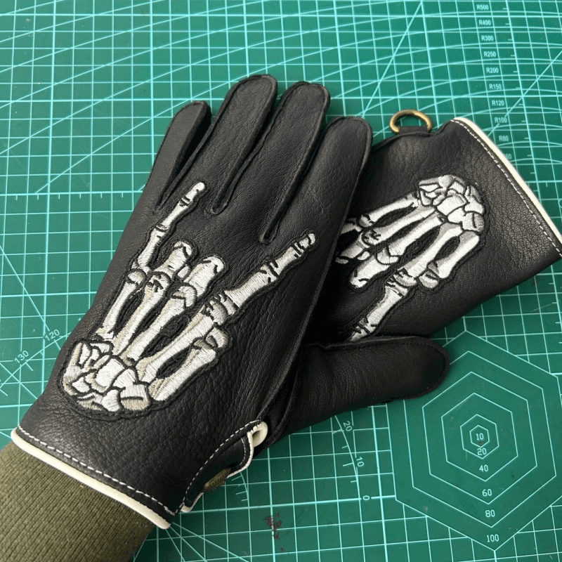 バイクグローブ 革 骸骨手刺繍バイカーグローブ