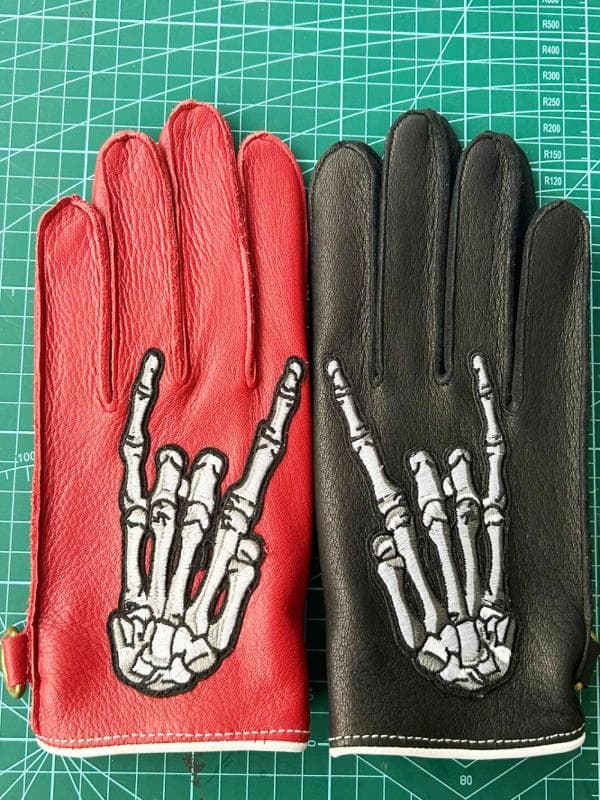 バイクグローブ 革 骸骨手刺繍バイカーグローブ