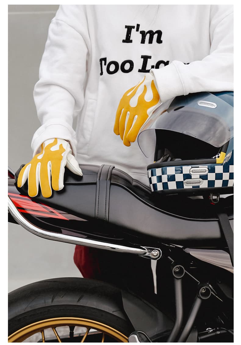 バイクグローブ 革 炎模様レトロ風ライダーグローブ